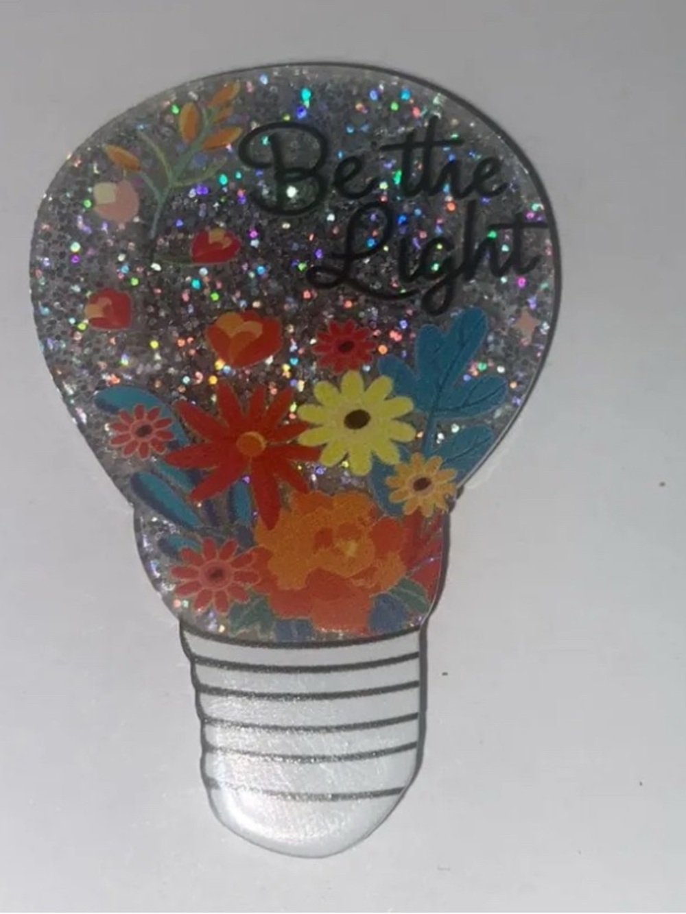 Handcrafted Be the Light Glitter Lightbulb Magnet – Floral Design